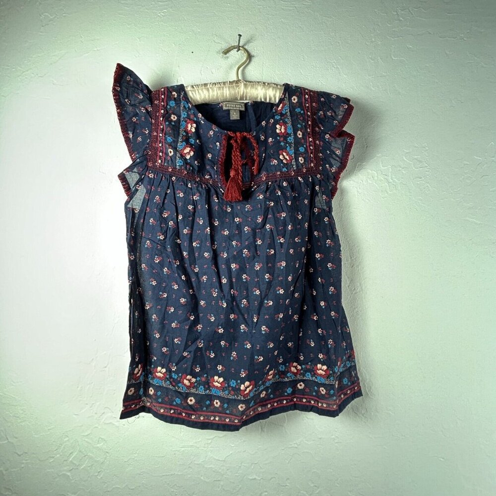 J. Crew Point Sur Women's Size S Navy Floral Flutter Sleeve Peasant Top Blouse